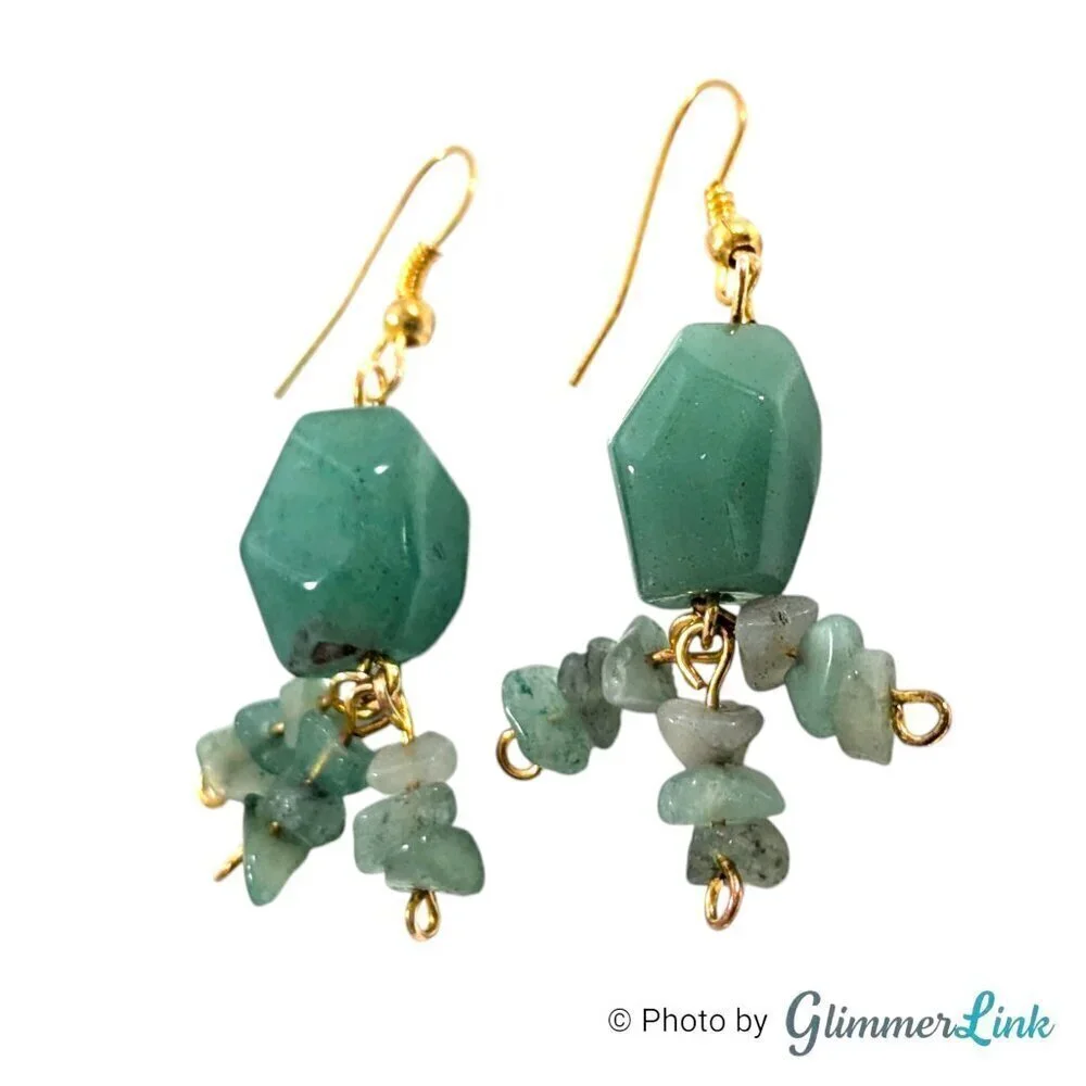 Aventurine Stone Chip Nugget Dangle Earrings & Wrap Around Bracelet Jewelry Set